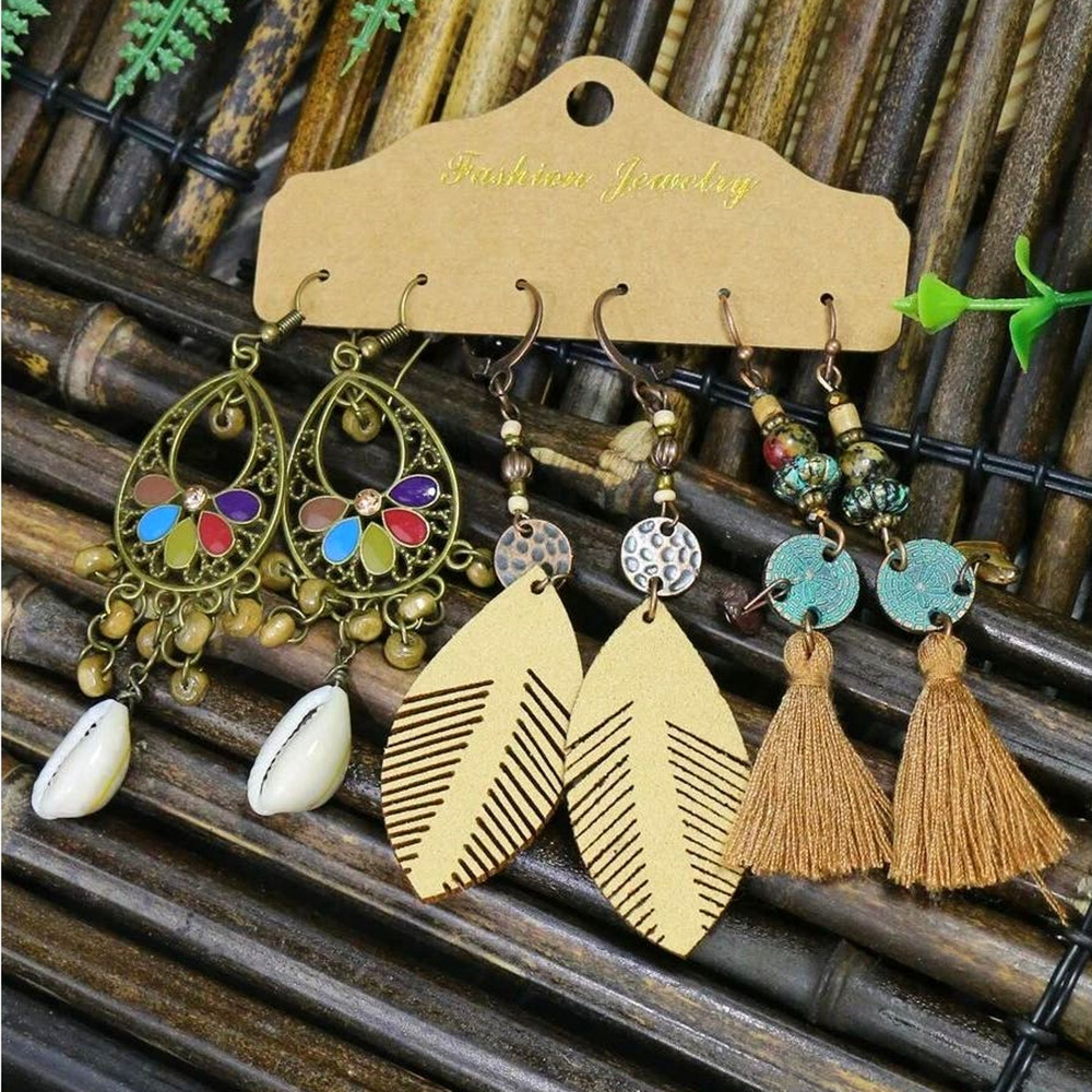 New 3 Pairs Shell Tassel Boho Patina Antique Bronze Dangle Earrings Wooden Leaf